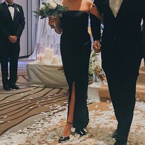 Black satin strapless dress